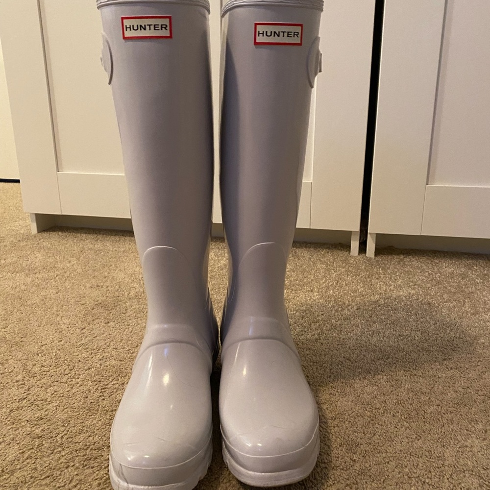 White glossy tall Hunter Rain Boots